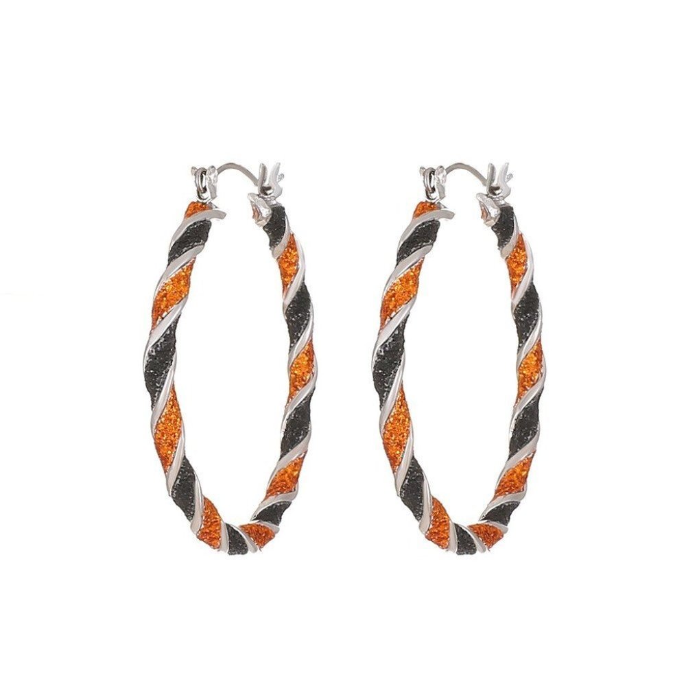 **HOST PICK** Halloween Earrings Black & Orange Glitter Silver Twist Hoop 1 1/2"